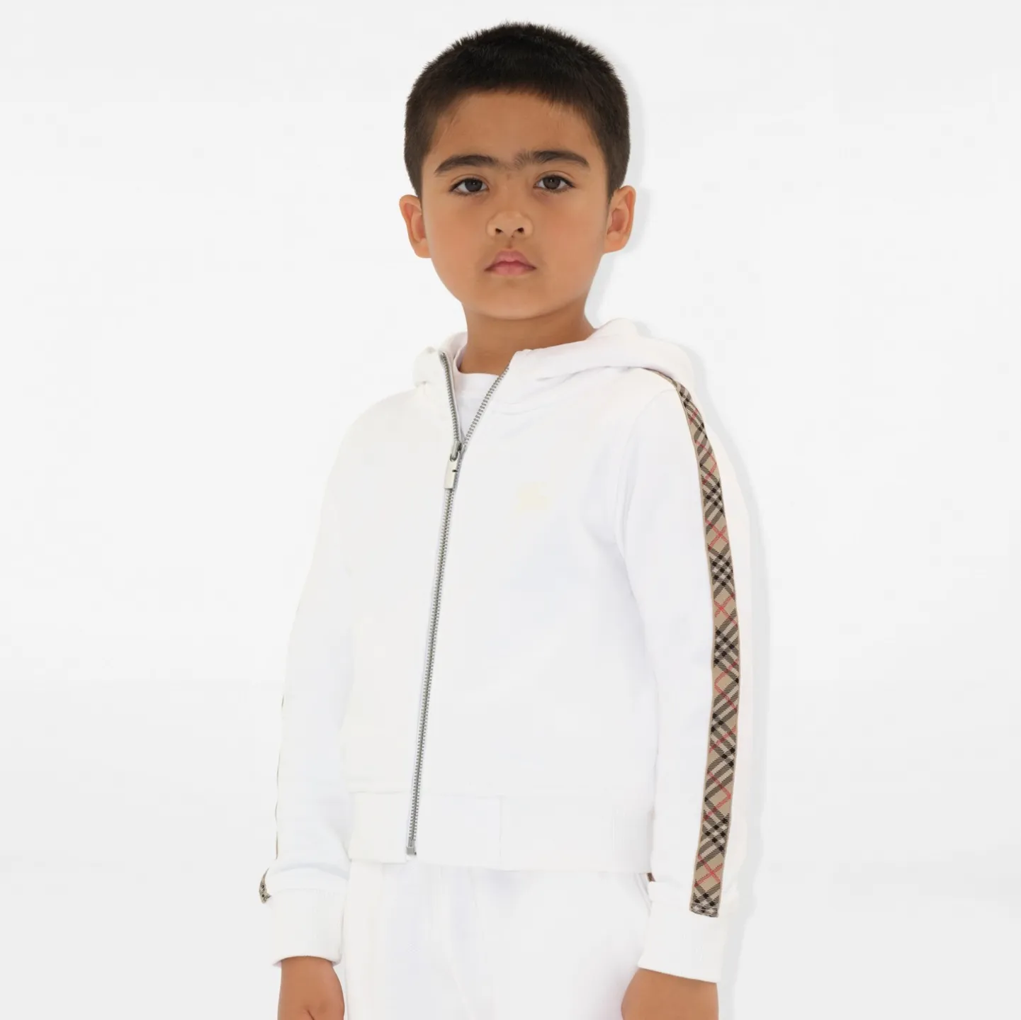 Check Trim Cotton Zip Hoodie