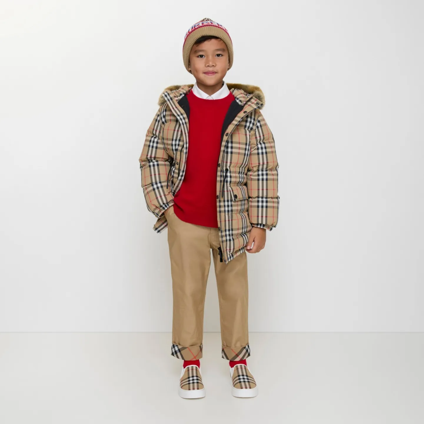 Faux Fur Trim Check Nylon Puffer Coat