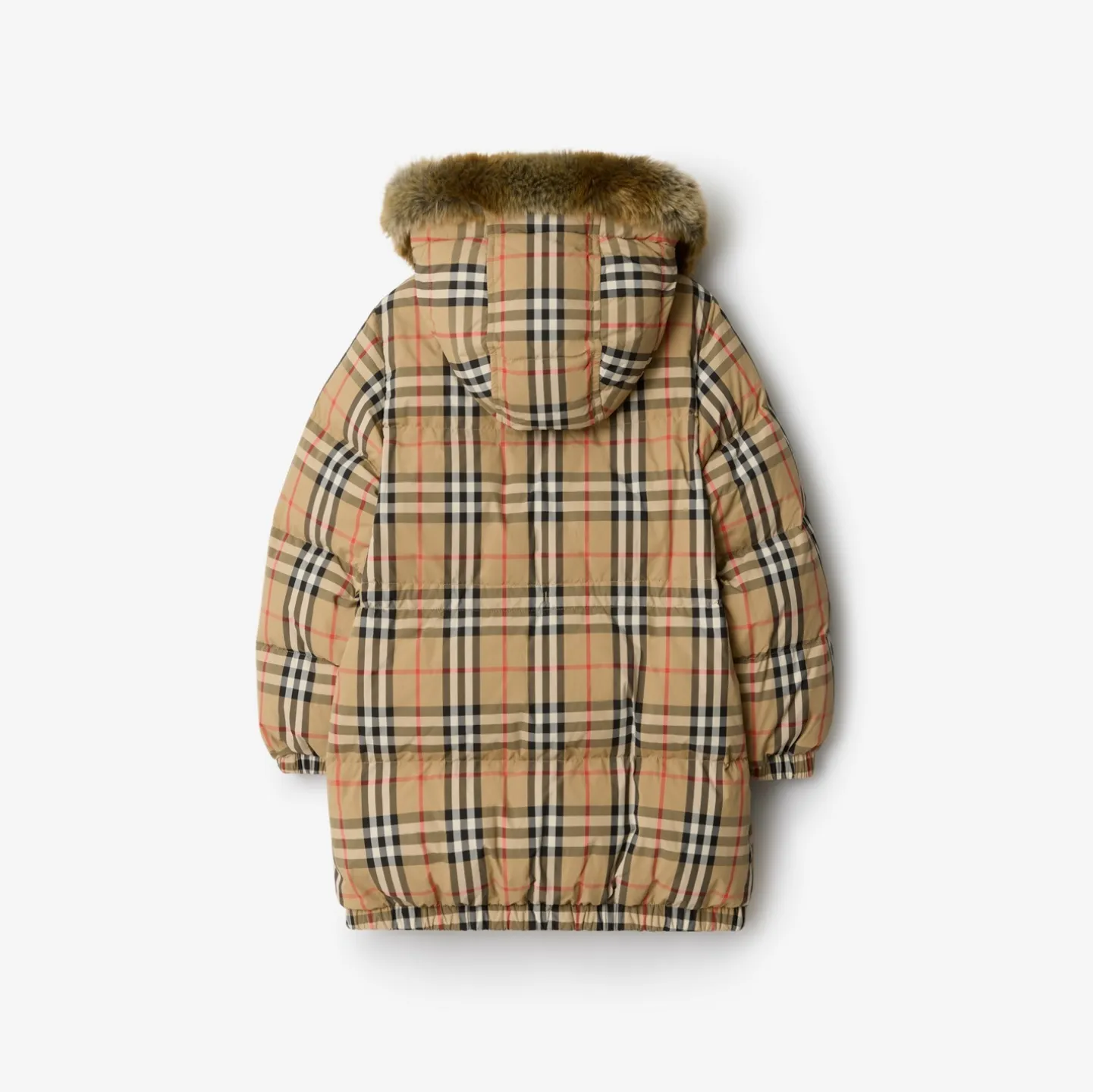 Faux Fur Trim Check Nylon Puffer Coat