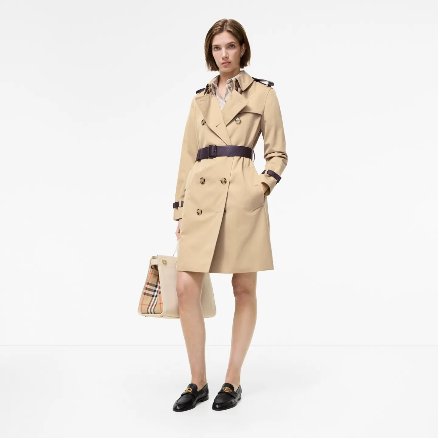 Mid-length Leather Trim Kensington Trench Coat