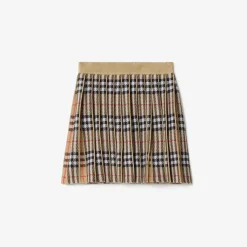 Pleated Check Wool Blend Skirt