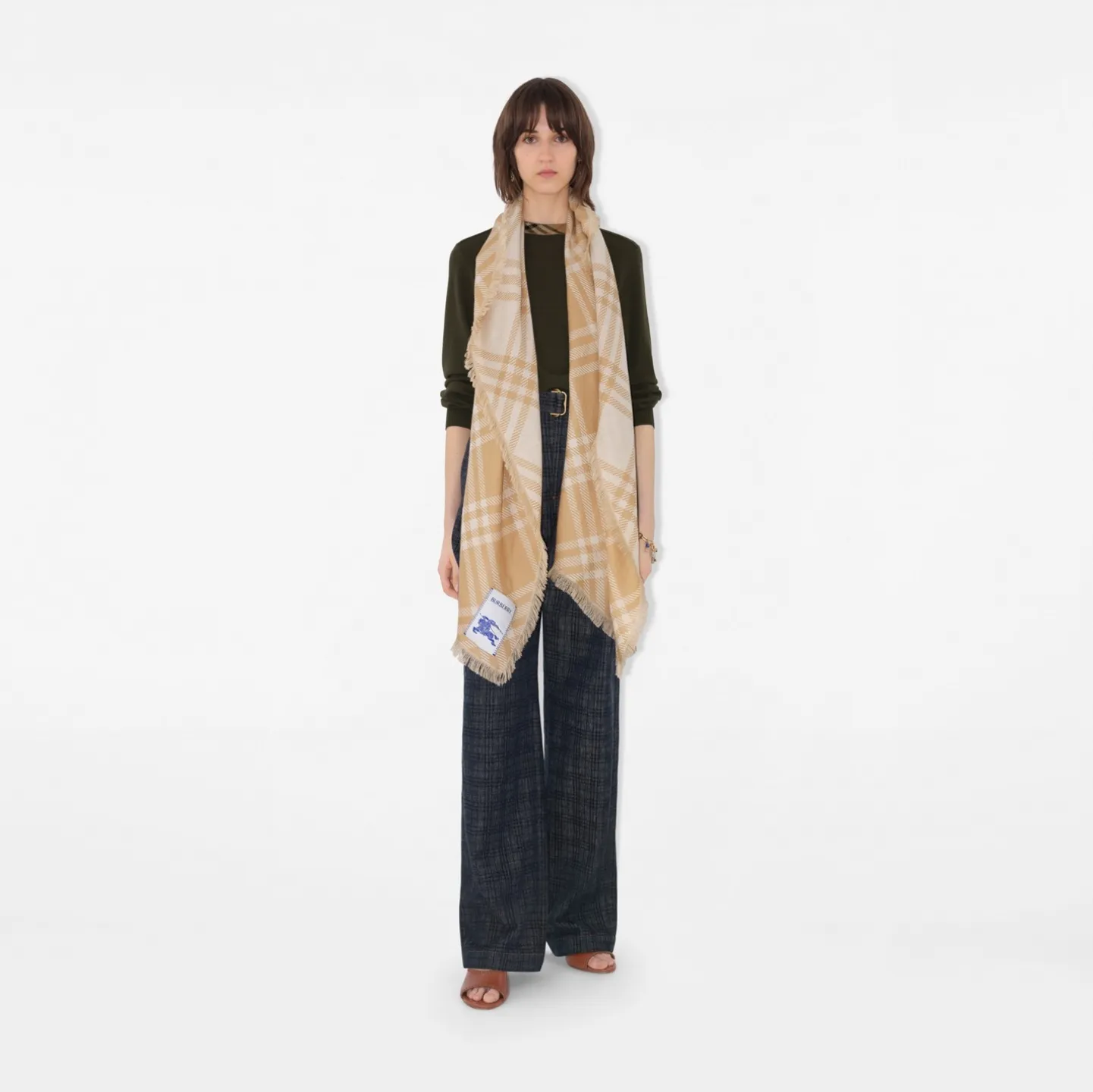 Wide Check Wool Silk Scarf