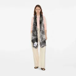 Wide Check Wool Silk Scarf