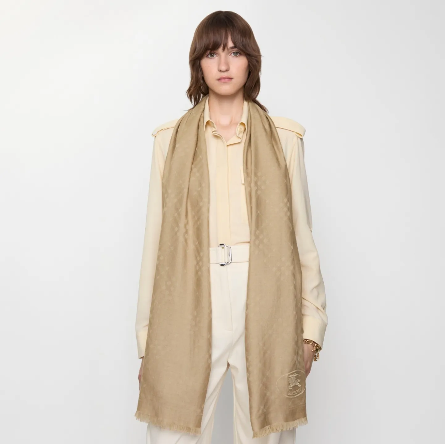 Wide Check Wool Silk Scarf
